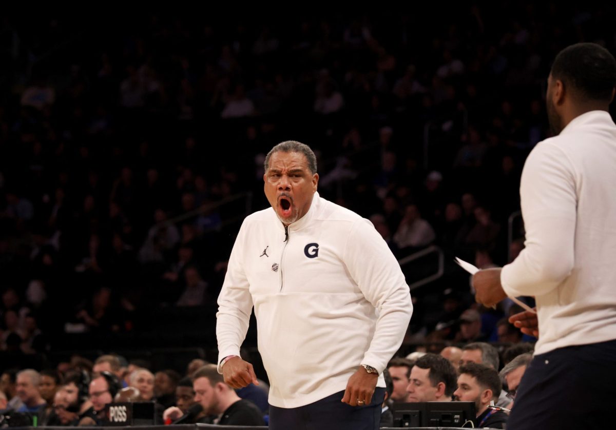 Georgetown's head coach Ed Cooley shouts from the sidelines during the first half on Wednesday, March 12, 2025, at Madison Square Garden. At the half, the Hoyas lead DePaul, 40-38.