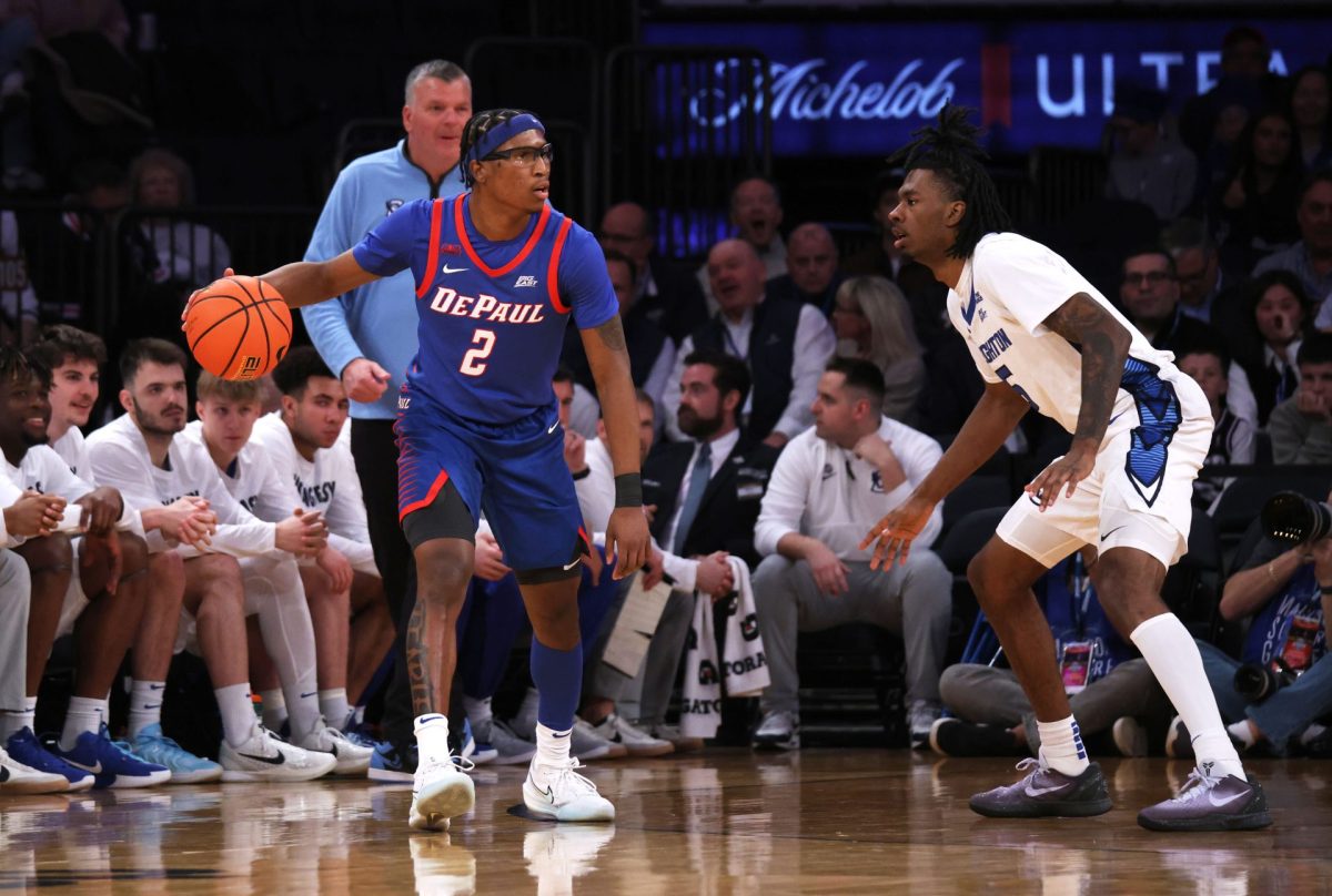 Layden Blocker defends the ball during the first half on Thursday, March 13, 2025, at Madison Square Garden. Blocker picked up a second foul.