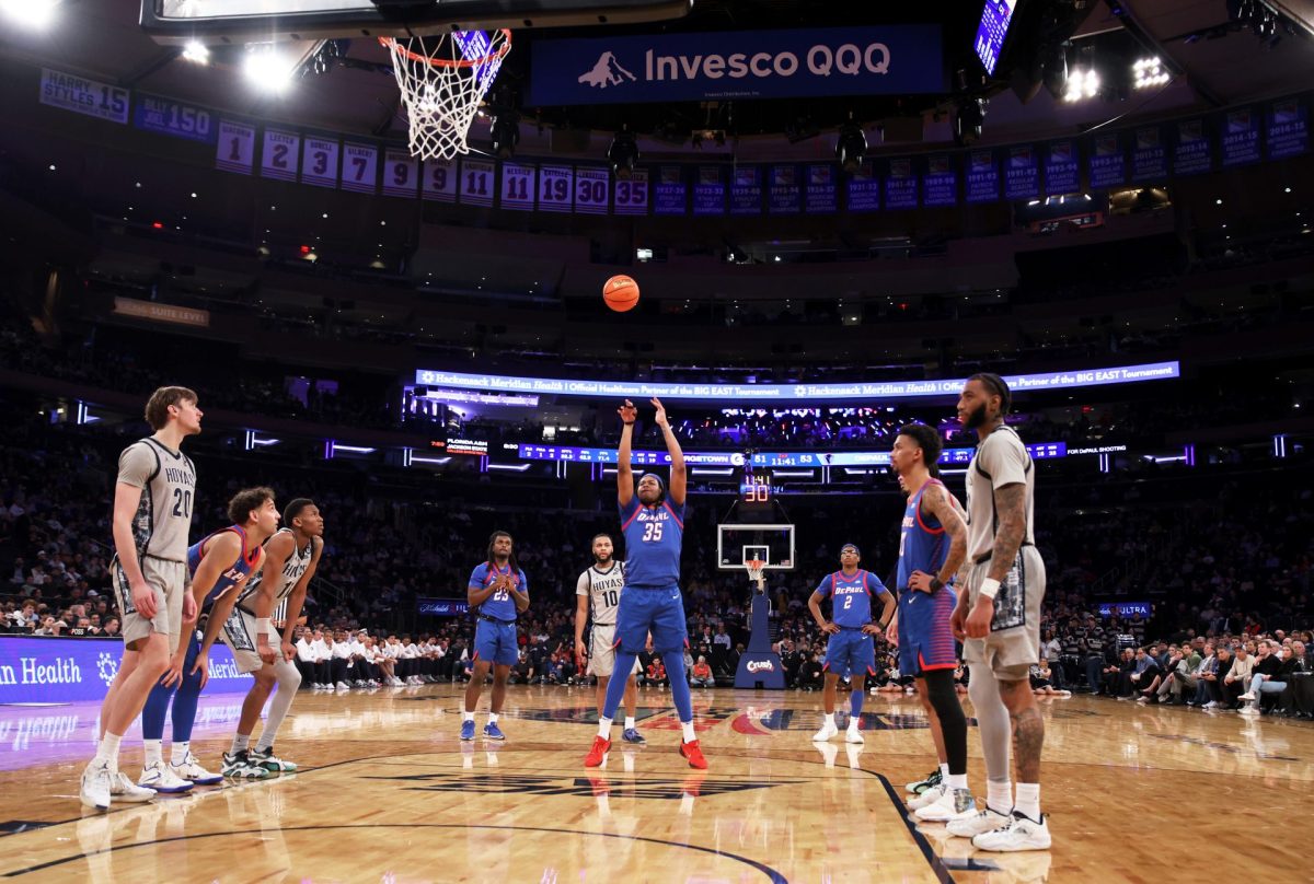 NJ Benson shoots a free throw on Wednesday, March 12, 2025, at Madison Square Garden. Benson returned to the game, regardless of his hand injury and helped DePaul reach victory. 