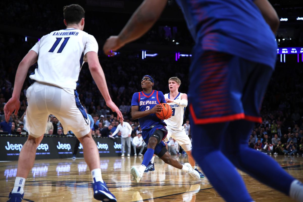 Layden Blocker drives to the basket on Thursday, March 13, 2025, at Madison Square Garden. Blocker collected five rebounds to go along with his 25 points.