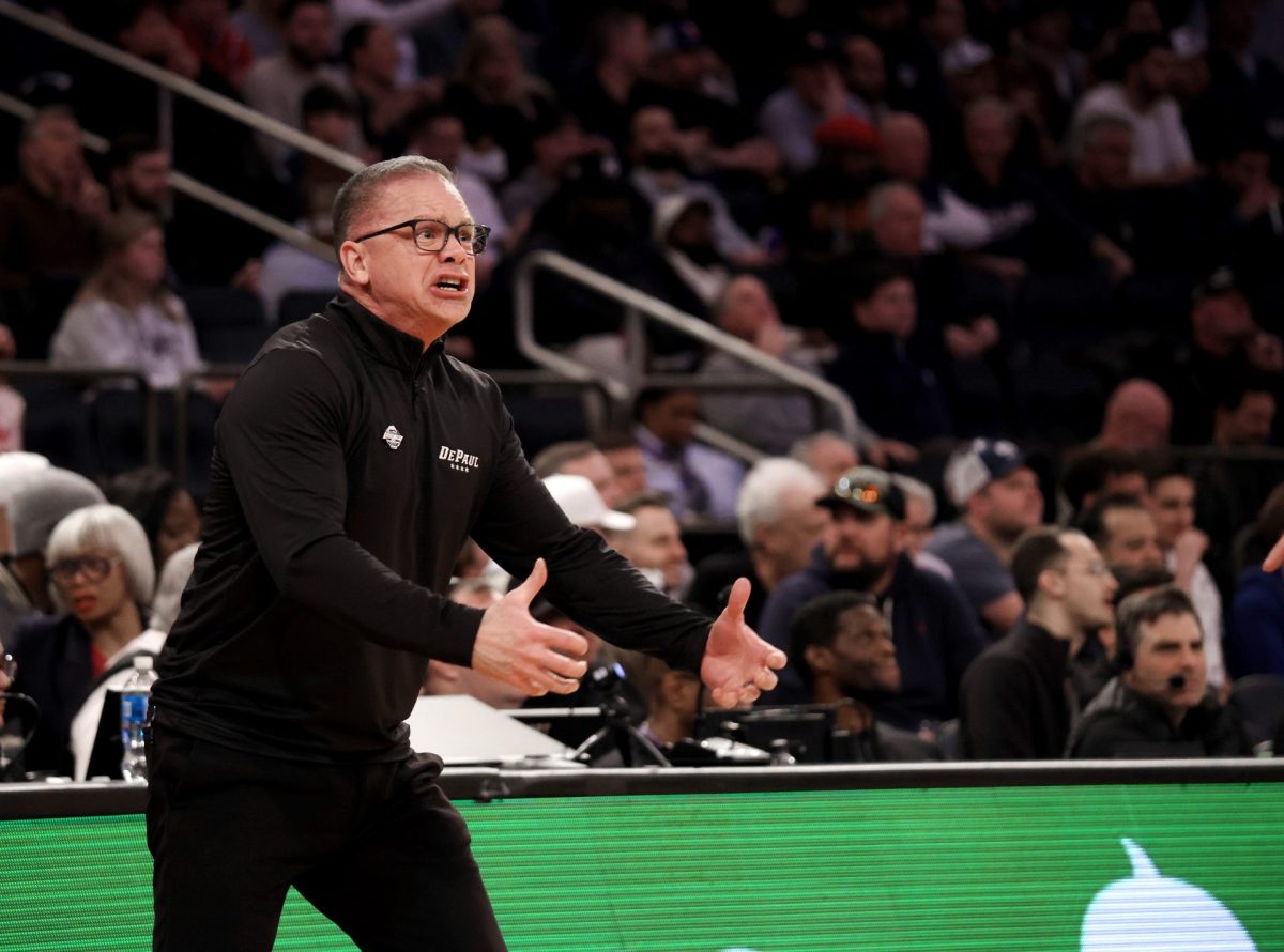 Chris Holtmann yells to DePaul while on the sidelines during the second half on Wednesday, March 12, 2025, at Madison Square Garden. DePaul averages 72.6 points per game.