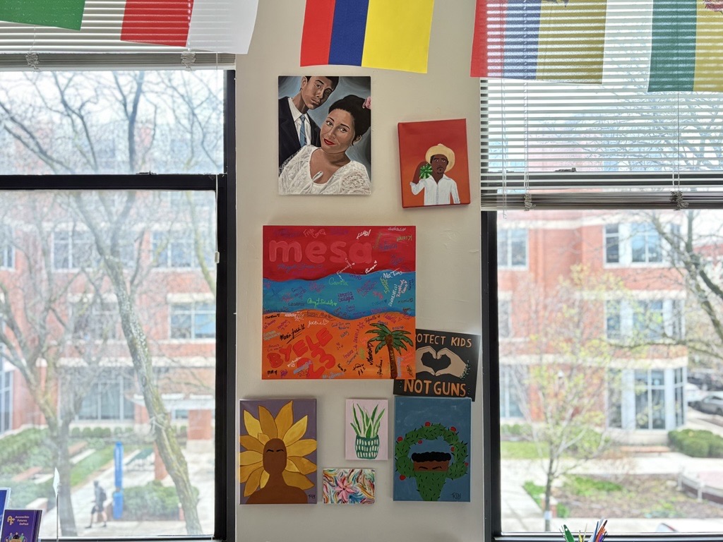 Student-made art pieces hang near the windows in the Latinx Cultural Center on April 23, 2025. Members of Movimiento Estudiantes de Solidaridad y Apoyo (MESA) would like to see a new center formed to assist undocumented students at DePaul University.