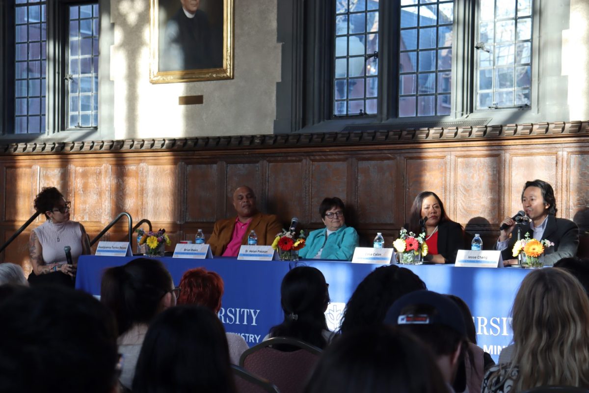 From left, Georgianna Torres-Reyes, Brian Beals, Celia Colón, Jesse Cheng and Sister Helen Prejean lead a panel discussion about reimagining America’s criminal justice system on the evening of Wednesday, April 23, 2025. The crowd of around 75 DePaul faculty and students gathered at DePaul's Cortelyou Commons.