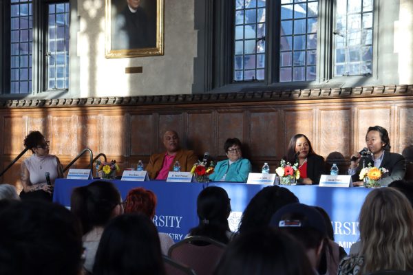 From left, Georgianna Torres-Reyes, Brian Beals, Celia Colón, Jesse Cheng and Sister Helen Prejean lead a panel discussion about reimagining America’s criminal justice system on the evening of Wednesday, April 23, 2025. The crowd of around 75 DePaul faculty and students gathered at DePaul's Cortelyou Commons.