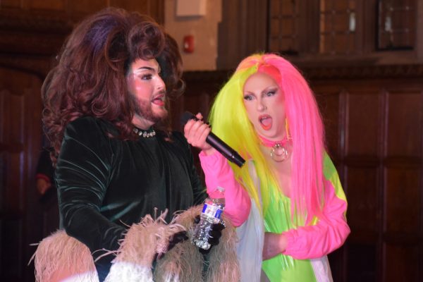 Event host, Luna Eclipse, interviews Seana, a Chicago drag artist, during their performance at Purple Rain Extravaganza in Cortelou Commons on Wednesday, April 2, 2025. The event featured seven performances from local drag artists that discussed their relationship to gender.