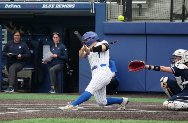 Baylee Cosgrove fouls the ball on a swing during the game on Friday, April 18, 2025, at Cacciatore Stadium. In Saturday's game, Cosgrove came up to the plate five times and got on base every single time.
