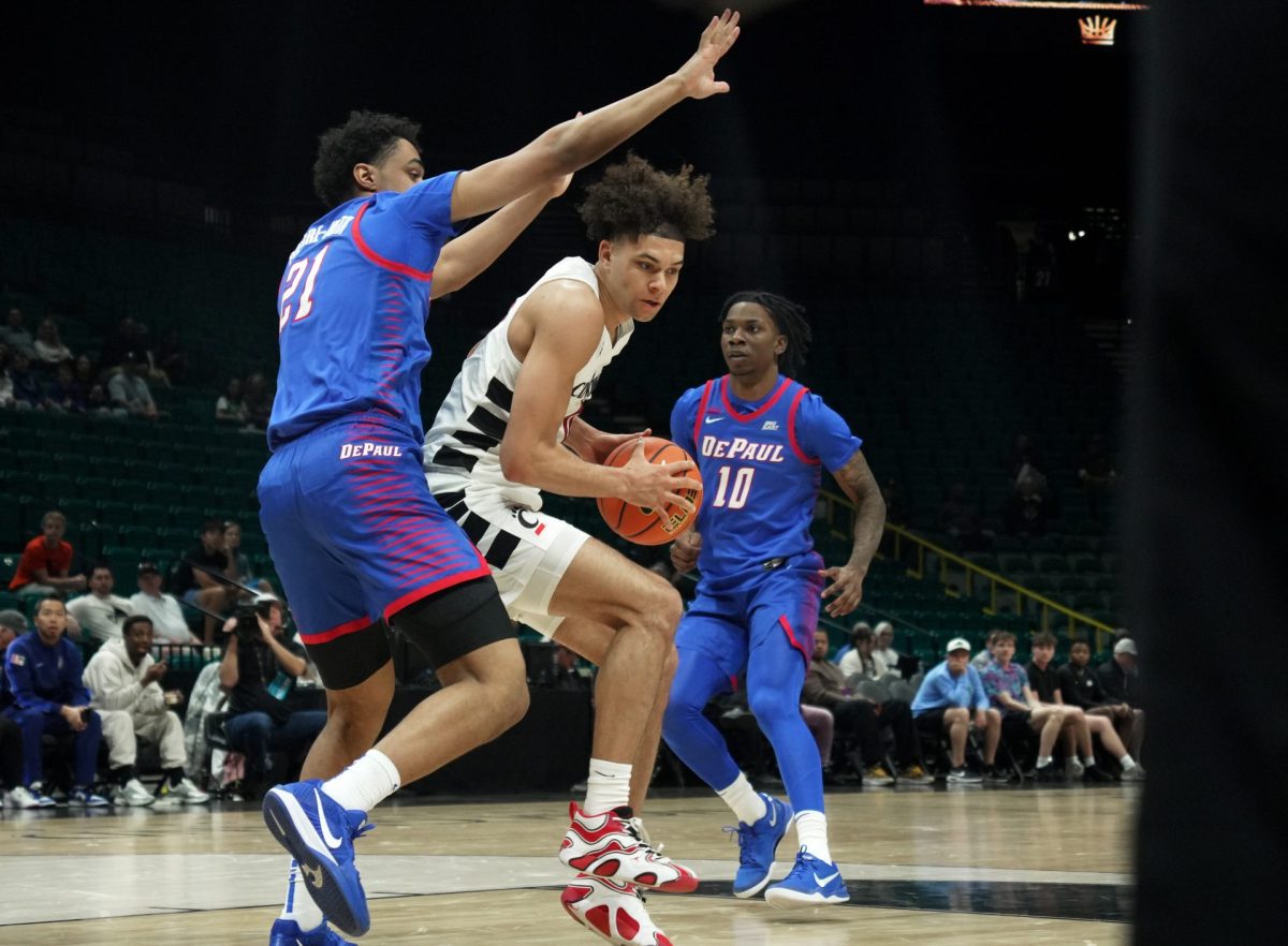 Dan Skillings Jr. fights for the ball while Théo Pierre-Justin tries to block on Tuesday, April 1, 2025, at MGM Grand Garden Arena. The Crown tournament started on March 31st.