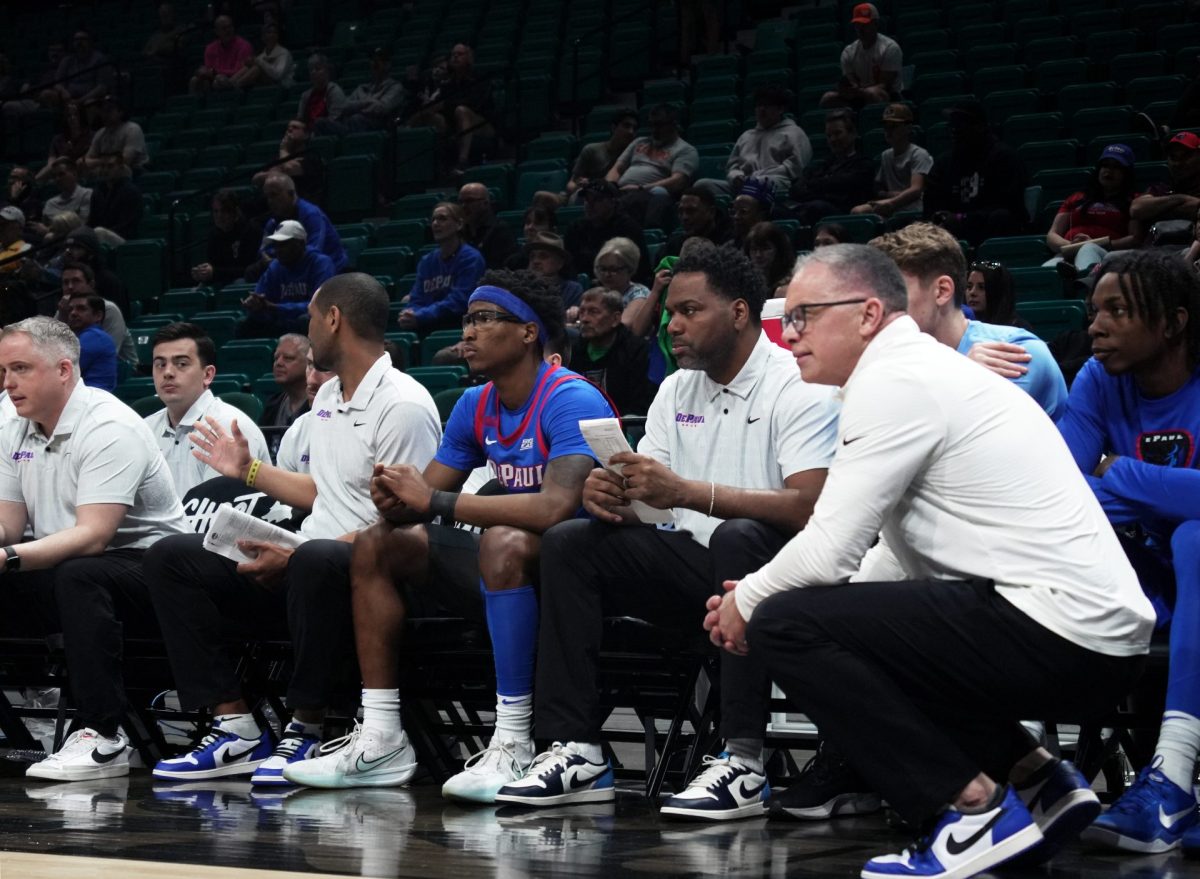 DePaul watches the game from the sidelines during the second half on Tuesday, April 1, 2025, at MGM Grand Garden Arena. "I feel really good … to be able to, more than anything else, compete like we did in the Big East Tournament, to play the way we did at the end of the year," Holtmann said about next season. 