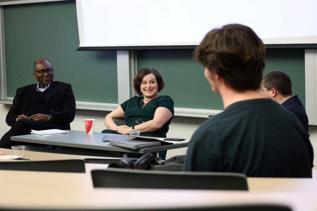 Paula McQuade sits back after presenting “Faith Unfiltered: Why I Still Believe in God” on Tuesday, April 15, 2025, in the Levan Center. McQuade is a professor in DePaul’s English and Catholic Studies departments.