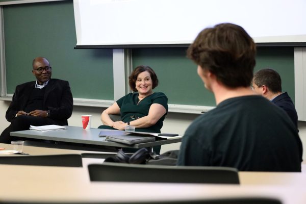 Paula McQuade sits back after presenting “Faith Unfiltered: Why I Still Believe in God” on Tuesday, April 15, 2025, in the Levan Center. McQuade is a professor in DePaul’s English and Catholic Studies departments.