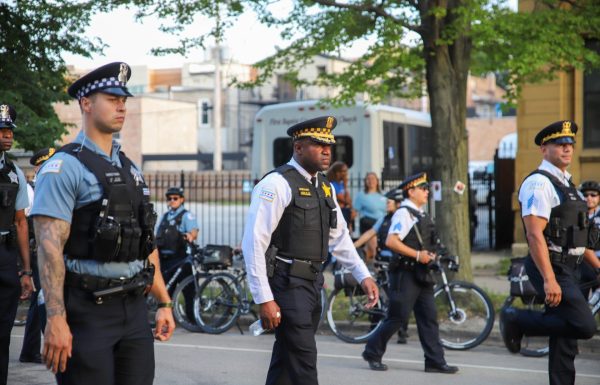 File- CPD Supt. Larry Snelling patrols outside the United Center during the Democratic National Convention on Aug. 23, 2024. If the ordinance passes, Snelling will be one of the figures with authority to declare a snap curfew. 
