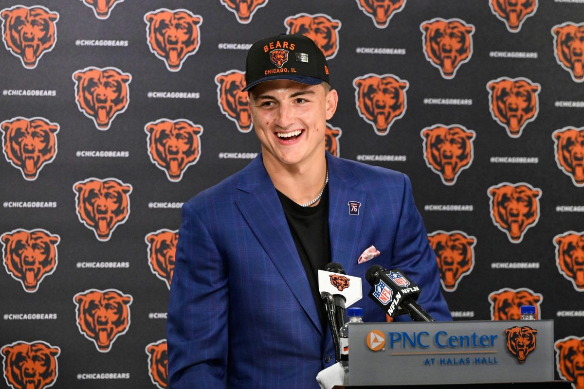 Tight end Colston Loveland, the Chicago Bears' first round draft pick, 10th overall, speaks during an NFL football press conference, Friday, April 25, 2025, in Lake Forest, Ill. 