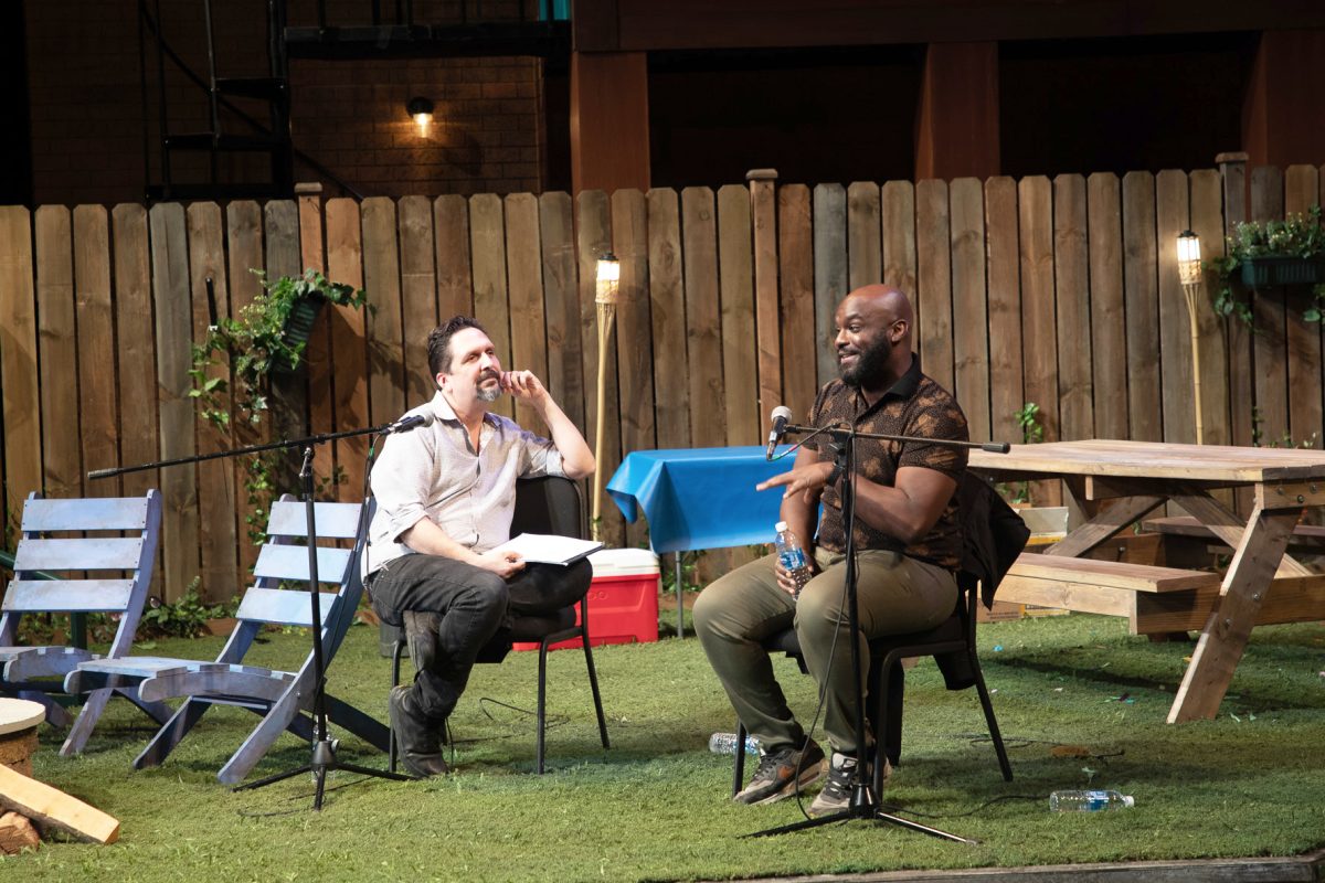 Carlos Murillo interviews Ike Holter at the Theatre School’s “Chicago Live event.” Photo provided by Emily DeBold