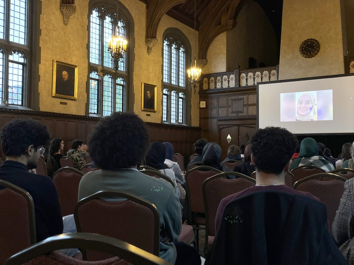 People sit at a prayer service for Reanna Hammad at Cortelyou Commons on Wednesday, May 21, 2025. Hammad was a force to be reckoned with during clinical rotations and continuously proved to be a stellar student, according to her instructors.