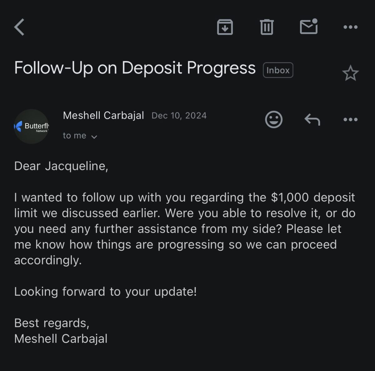 "Meshell Carbajal" responds to an email from Jacqueline Yeager regarding a deposit Yeager's bank flagged as suspicious on Dec. 10, 2024. Yeager fell victim to a scam internship in which she was unknowingly a "money mule." (Photo provided by Jacqueline Yeager).