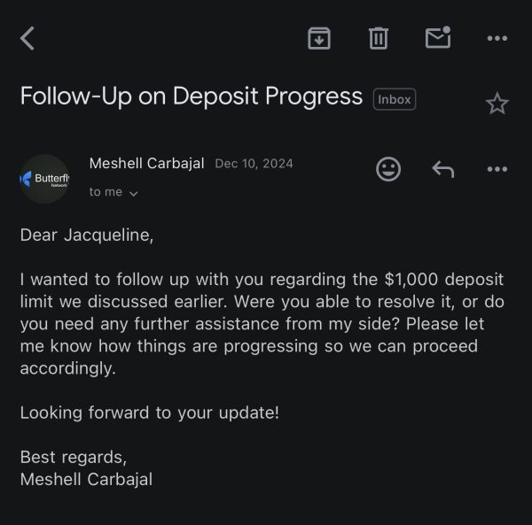 "Meshell Carbajal" responds to an email from Jacqueline Yeager regarding a deposit Yeager's bank flagged as suspicious on Dec. 10, 2024. Yeager fell victim to a scam internship in which she was unknowingly a "money mule." (Photo provided by Jacqueline Yeager).