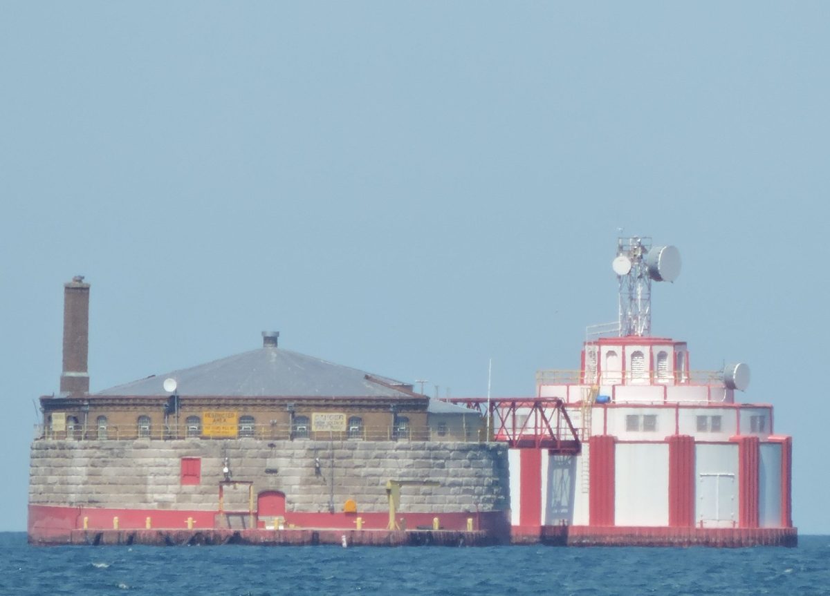 The Harrison, left, and Dever water intake cribs sit near Navy Pier in 2022. Dever is the most recent of the cribs built in 1935. 
