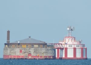The Harrison, left, and Dever water intake cribs sit near Navy Pier in 2022. Dever is the most recent of the cribs built in 1935. 
