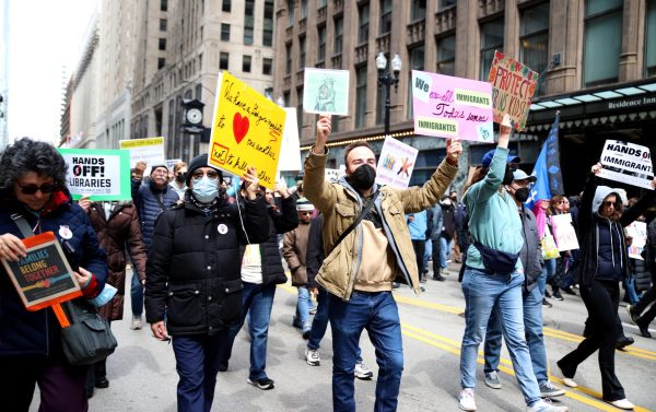 Protestors walk down the streets of Chicago on Saturday, April 5, 2025. Pro-Palestinian student activists have been primarily targeted with visa revocations. The revocation of student visas began as soon as President Trump took office.