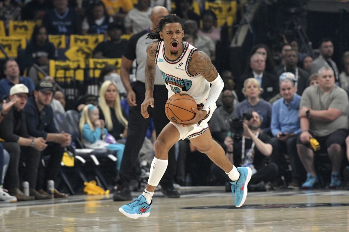Memphis Grizzlies guard Ja Morant (12) reacts in the first half of Game 3 of an NBA first-round playoff series against the Oklahoma City Thunder, Thursday, April 24, 2025, in Memphis, Tenn.