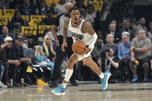 Memphis Grizzlies guard Ja Morant (12) reacts in the first half of Game 3 of an NBA first-round playoff series against the Oklahoma City Thunder, Thursday, April 24, 2025, in Memphis, Tenn.