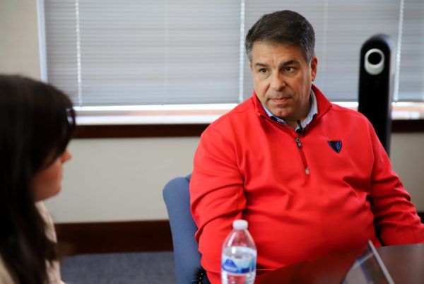 President Rob Manuel speaks to student media after his Congresional hearing regarding antisemitism at DePaul's campus on Thursday, May 8, 2025, in his Lincoln Park campus office. Manuel was called to testify before Congress after two Jewish students were assulted on campus by a person not affiliated with DePaul, back in November 2024.