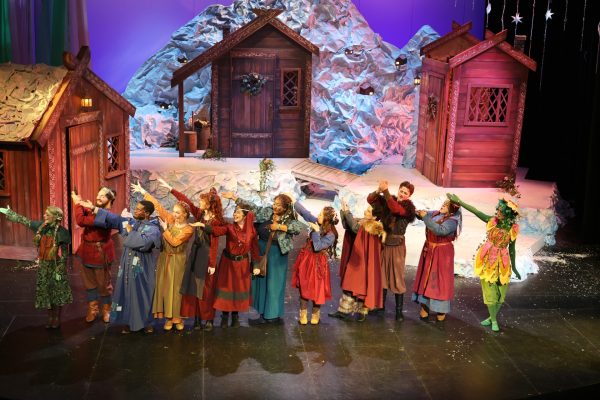 The cast of "The Chronicles of the Kaleidoscope Visitors" bows at the end of their dress rehersal on Wednesday, May 14, 2025. Cookie Isenberg (far right) is the only member in the cast who will graduate this spring.