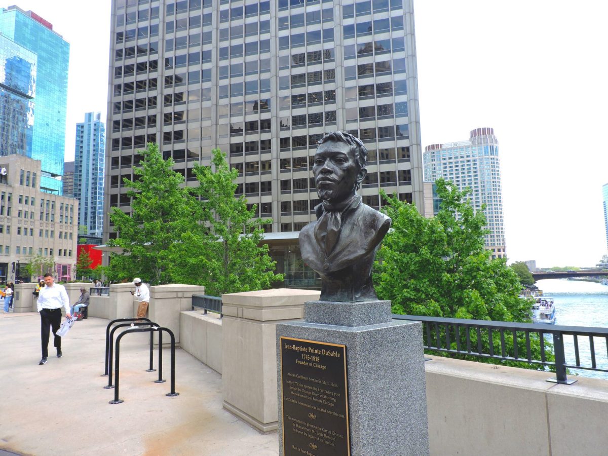 The bust of Jean Baptiste Pointe DuSable stands in Chicago's Pioneer Court on Thursday, May 29, 2025. The statue was sculpted by Erik Blome and has been up since 2009.
