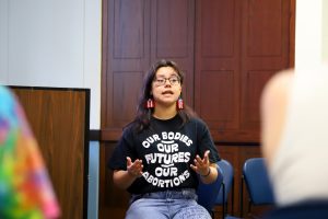 PPGA President Maya Roman leads their town hall at the Lincoln Park Public Library on Friday, June 13, 2025. This came after DePaul University forced the organization to deactivate.